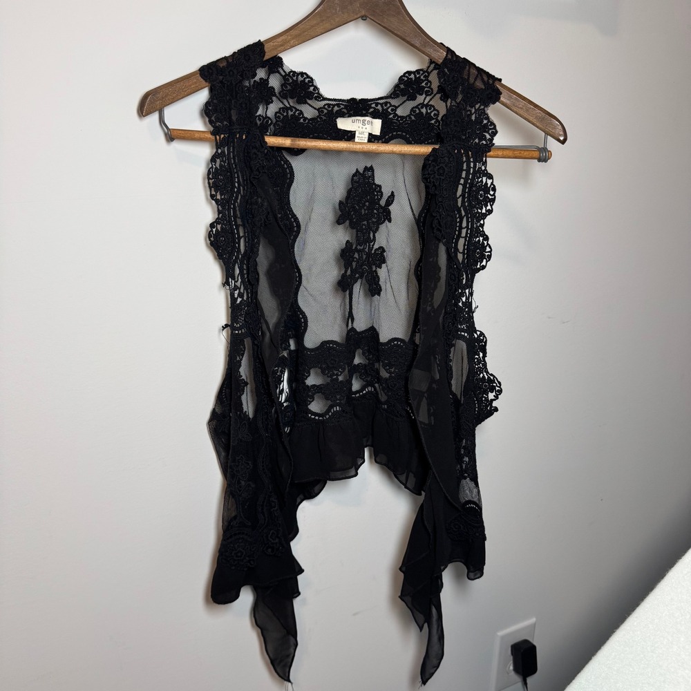 Umgee USA Black Lace Crochet Vest Sheer Mesh Boho Ruffle Open Front M/L Festival